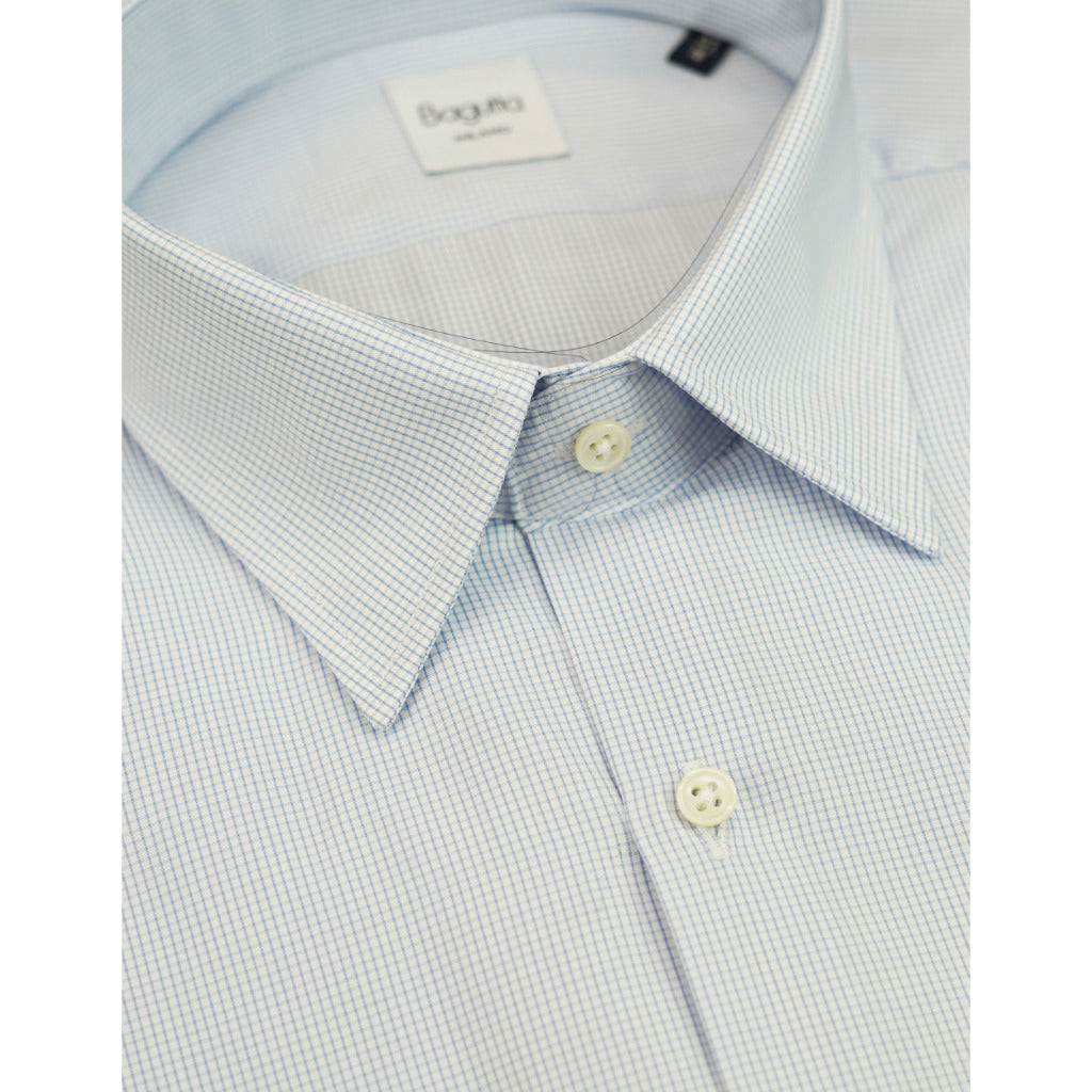Bagutta – light blue checked shirt – close-up of pointed collar and buttons