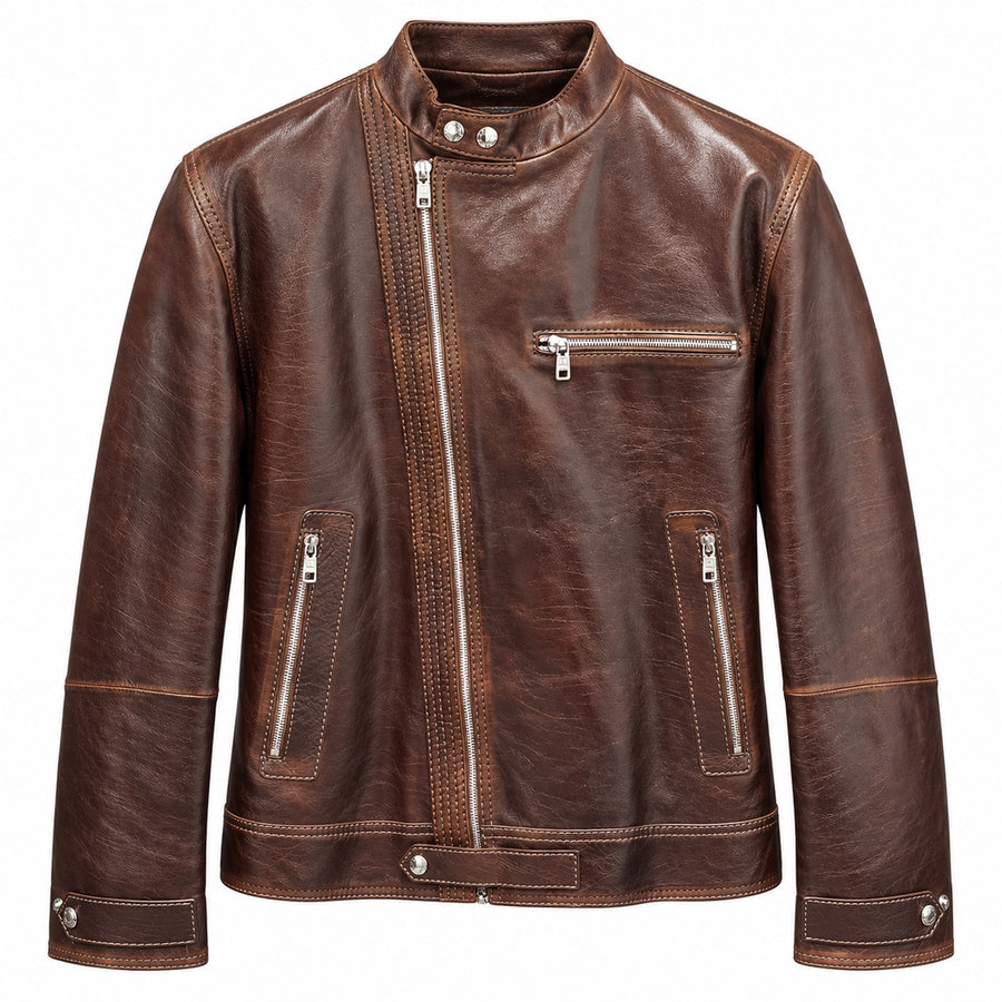 Dolce & Gabbana – Brown leather jacket – Front view with zipped pockets and stand collar