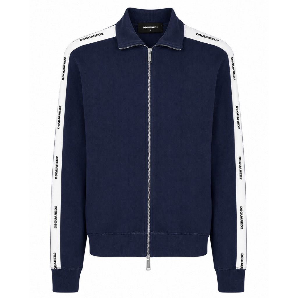 Dsquared2 – Logo Stripe blue zip-up sweatshirt – Flat front view with white sleeve stripes