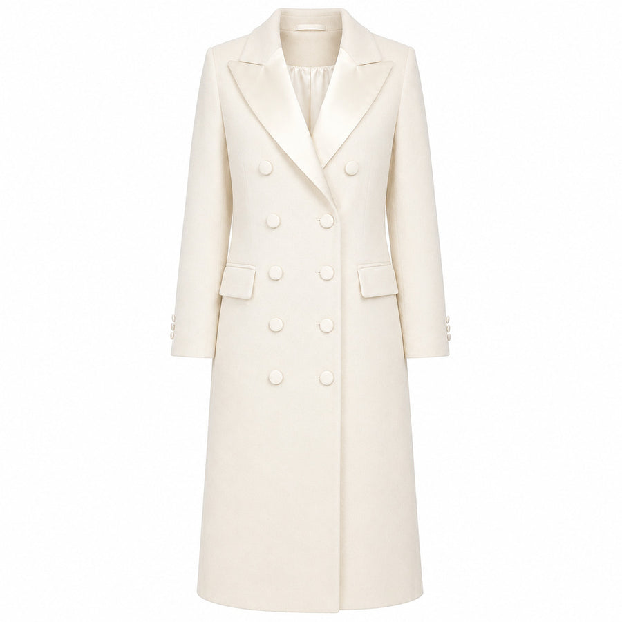 Loro Piana Tessuto – Masterpiece long virgin wool coat in ivory – front packshot with double-breasted buttons
