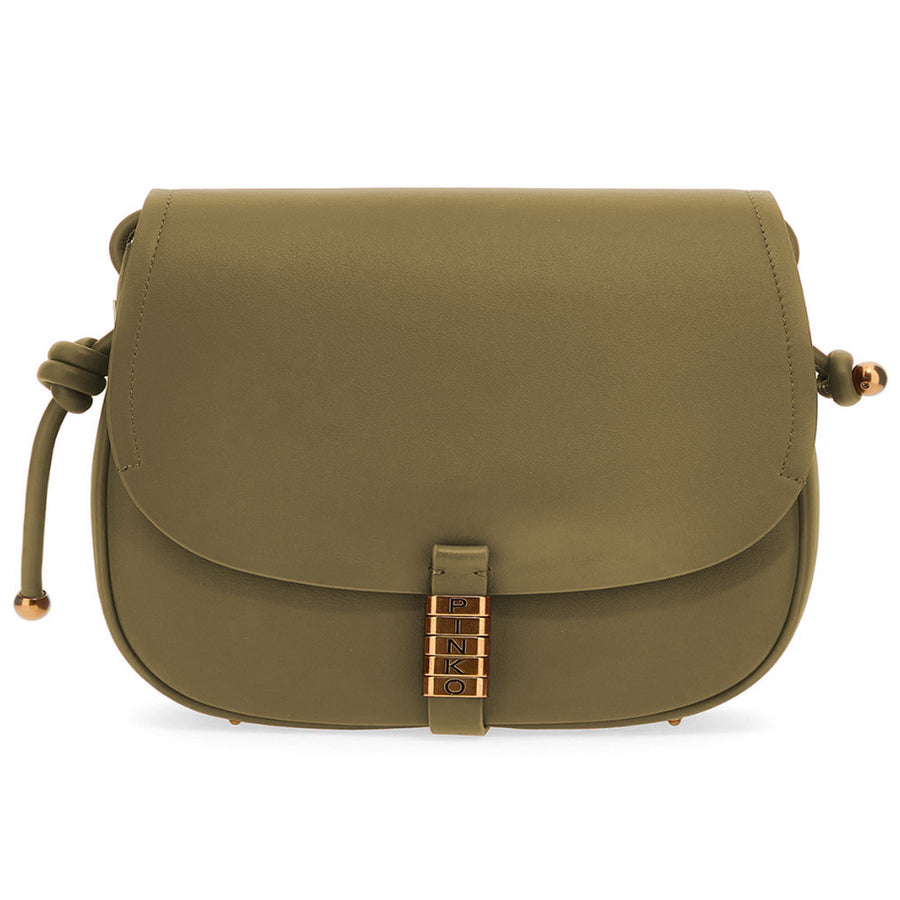 Pinko – Saddle Classic Shoulder Bag – Green front view with gold-tone clasp