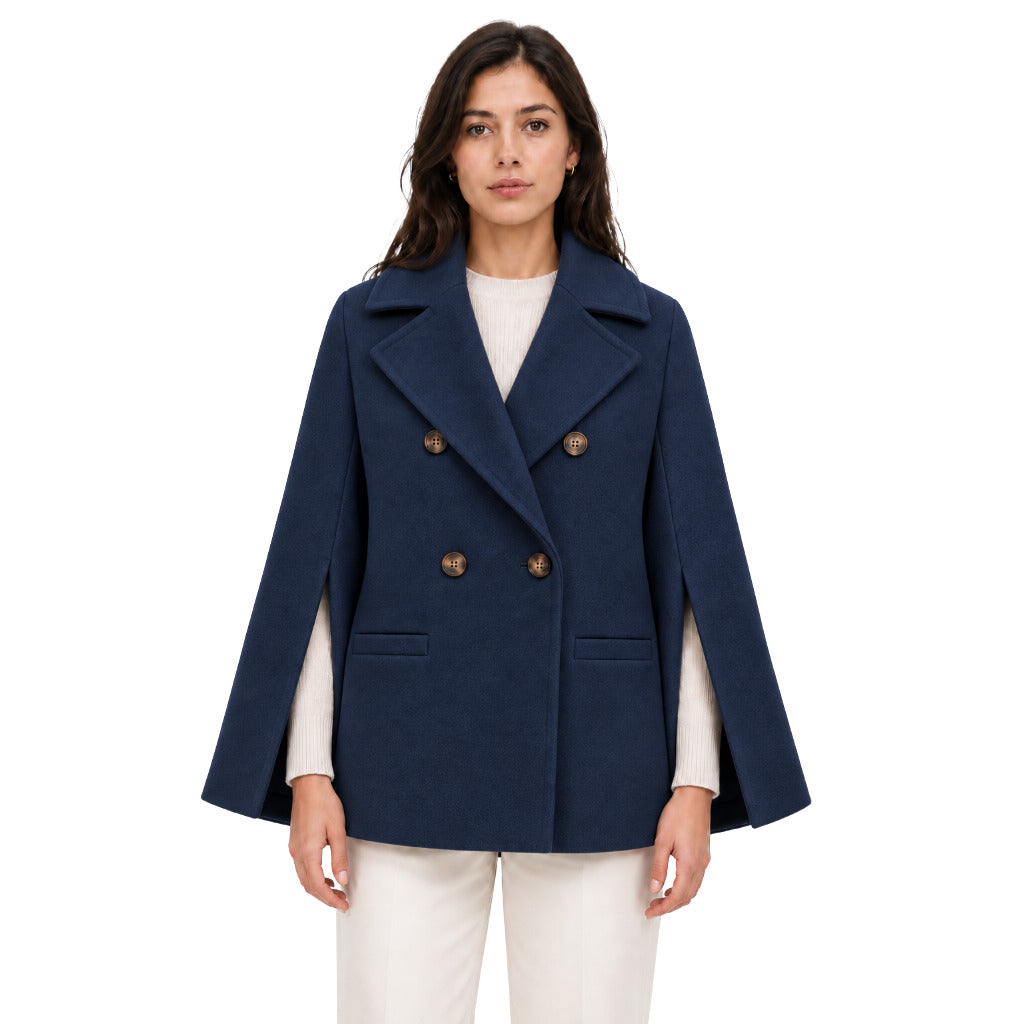 Loro Piana Tessuto – Kimono-Style Double-Breasted Peacoat in Blue – model wearing coat from the front