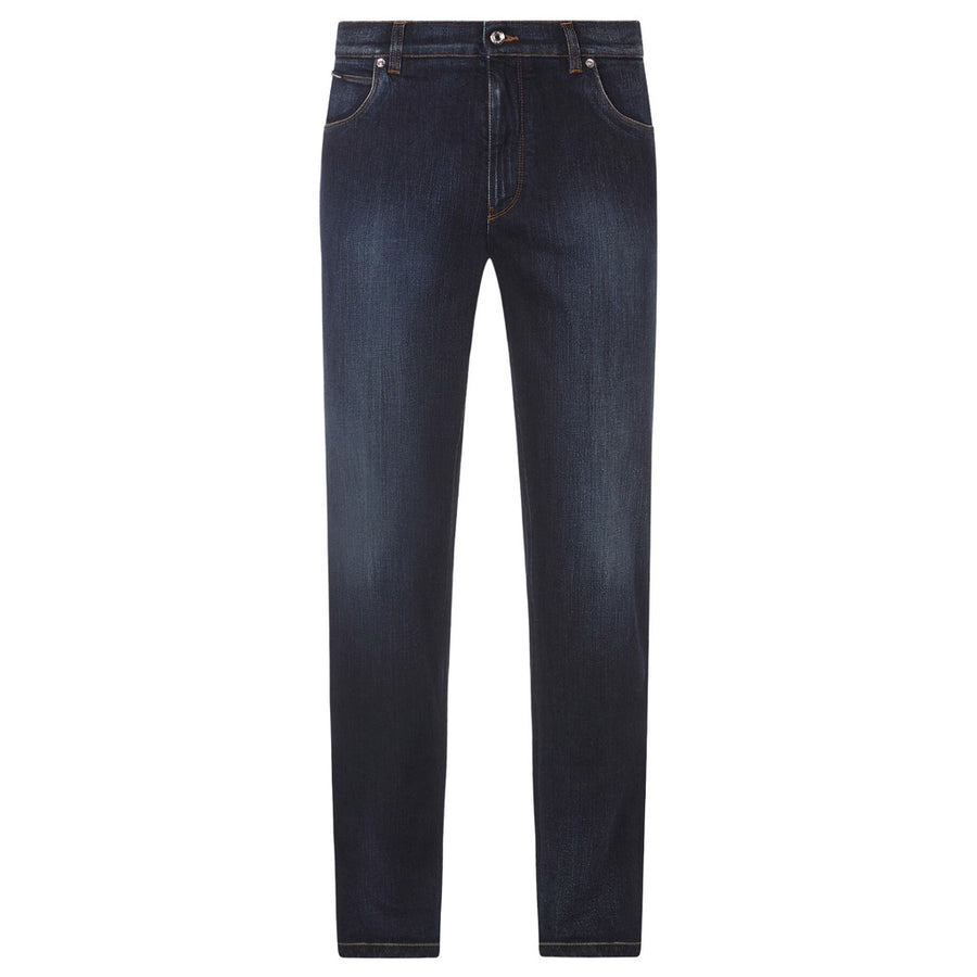 Dolce & Gabbana – washed blue stretch jeans – flat front view with tapered legs