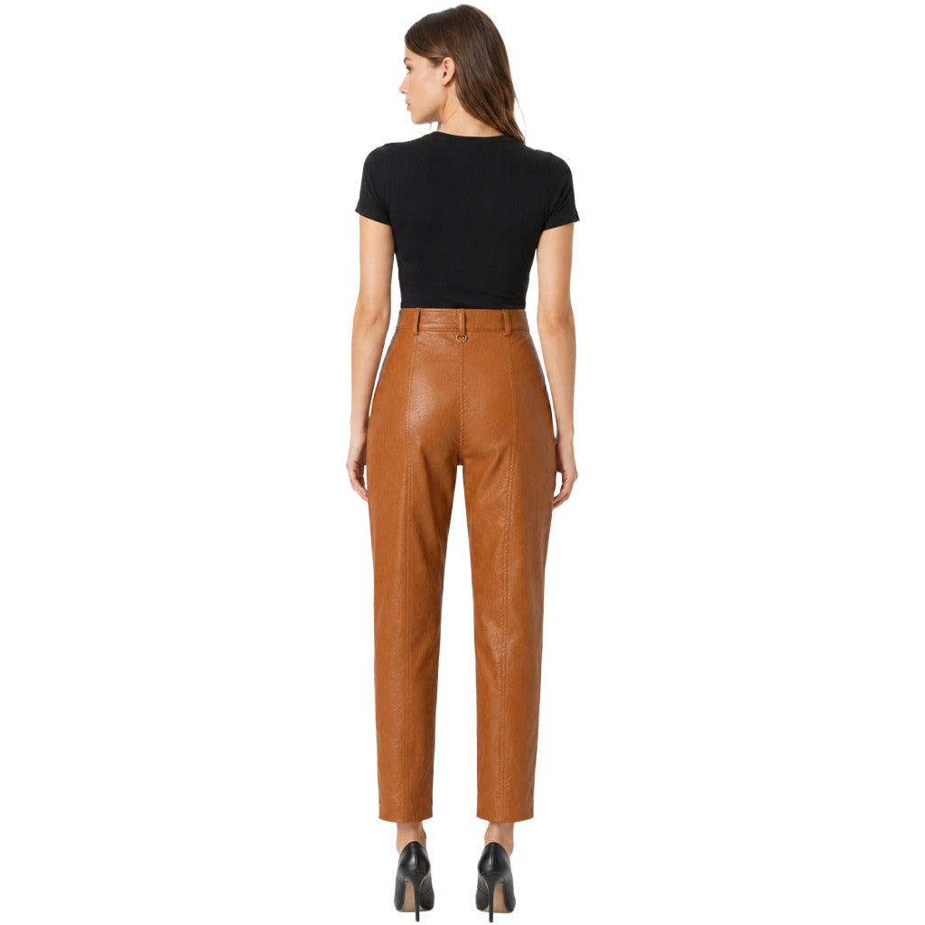 Twinset – brown leather-effect trousers – rear view worn by model, showing back seams