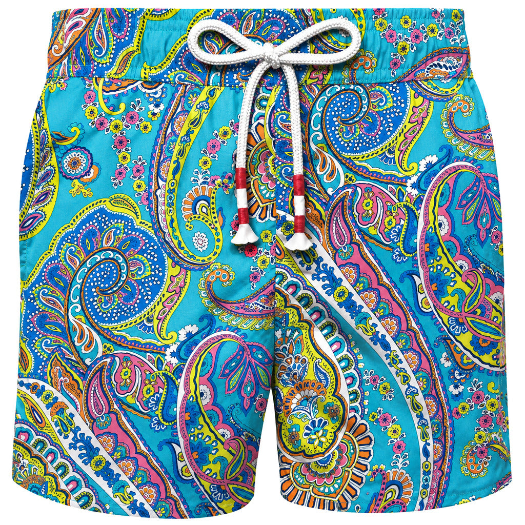 Mc2 Saint Barth – blue paisley swim trunks with drawstring – front packshot showing patterned fabric