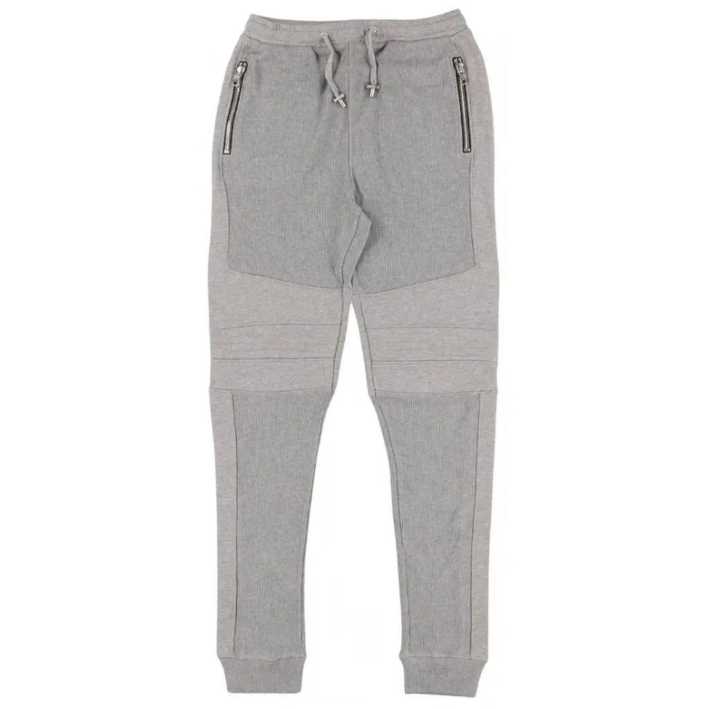Balmain – heather grey cotton jogger trousers – front view with zip pockets and drawstring