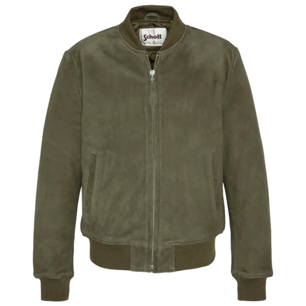Schott Nyc – GOAT SUEDE CASUAL BOMBER JACKET – Olive green front view