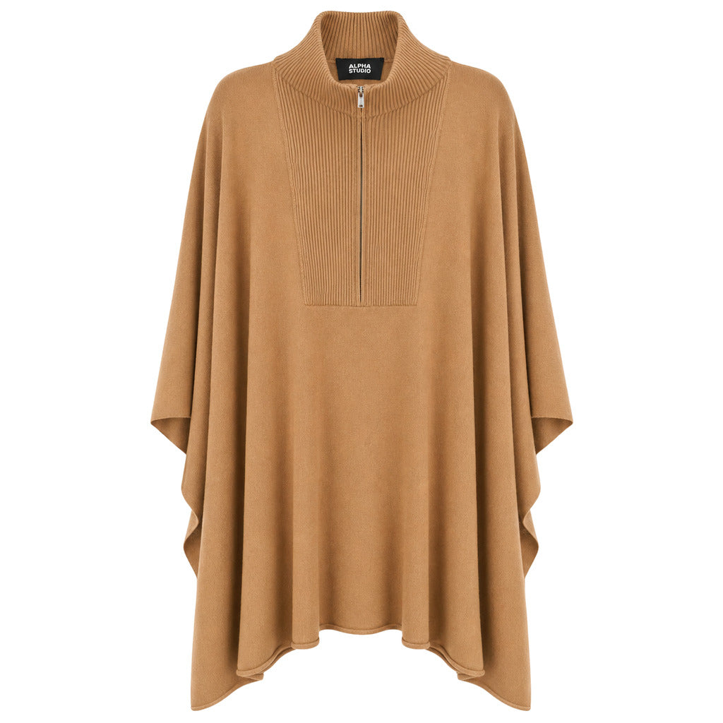 Alpha Studio – camel zip-neck poncho – front packshot showing ribbed collar and quarter-zip