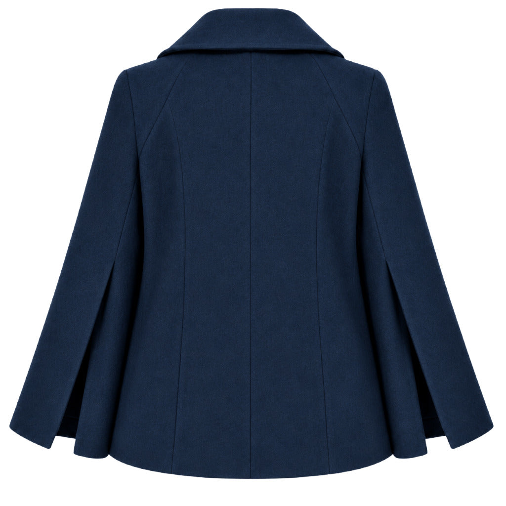Loro Piana Tessuto – Kimono-Style Double-Breasted Peacoat in Blue – back view with cape-style sleeves