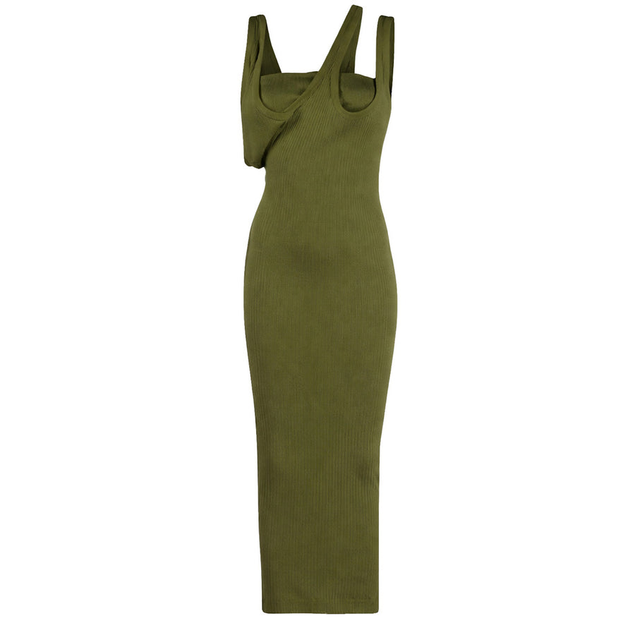 The Attico – green ribbed asymmetrical dress – full-length front packshot with layered straps