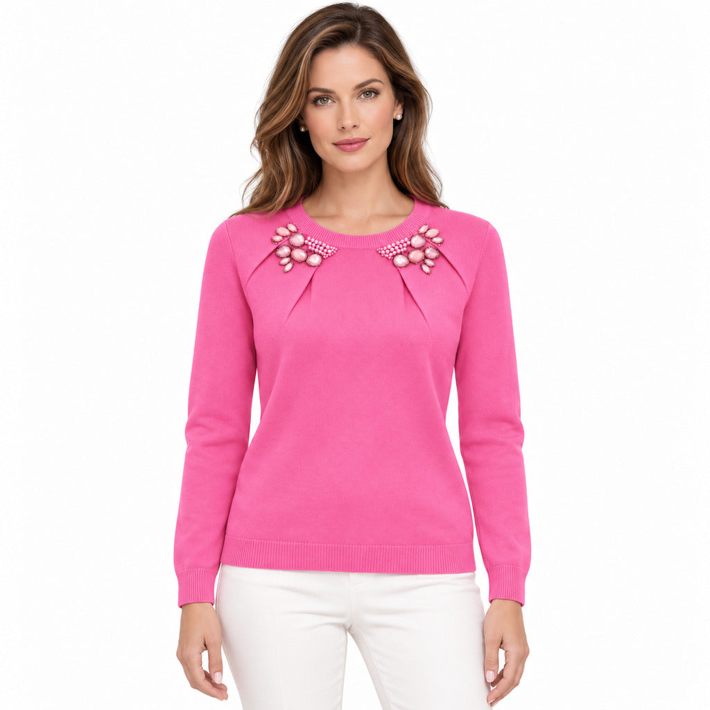Anna Molinari – pink wool and cashmere crew-neck jumper – model wearing it, front view with embellished neckline
