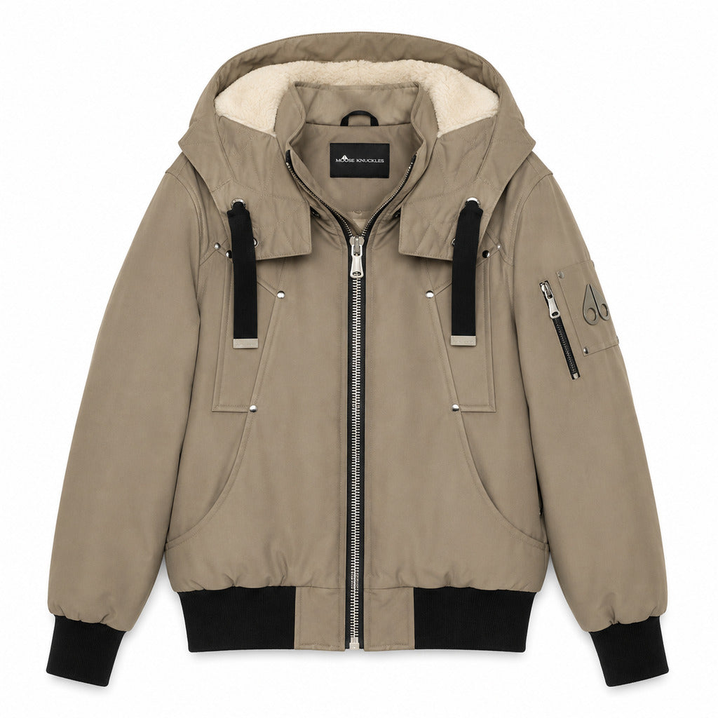 Moose Knuckles – taupe padded hooded jacket – front flat lay with fleece-lined hood