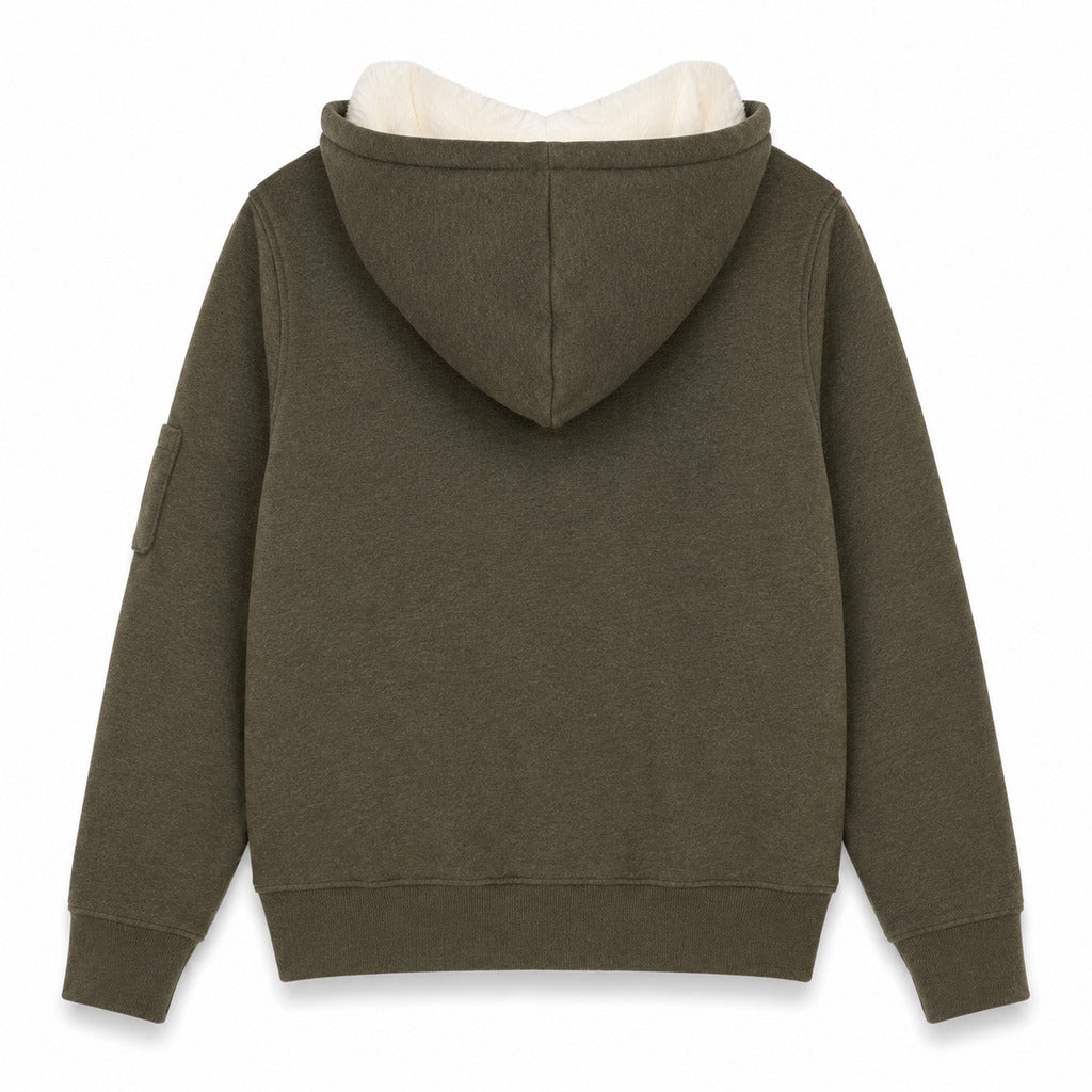 Moose Knuckles – green hooded sweatshirt with white lining – back flat lay showing the hood