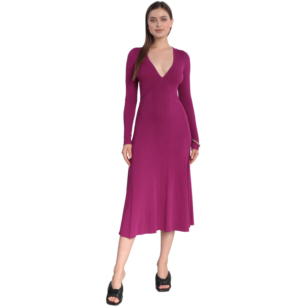 Pinko – fuchsia ribbed midi dress with V-neck – model shown from the front