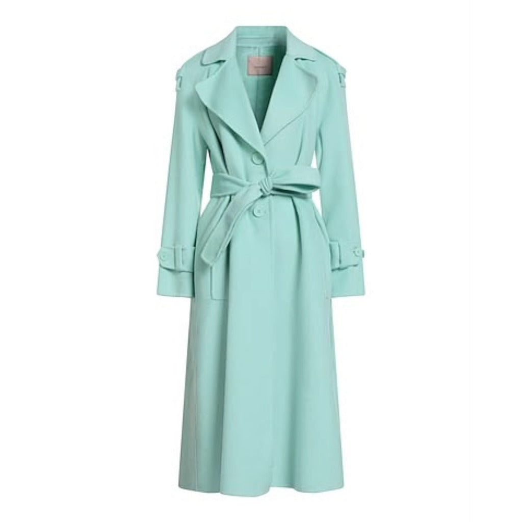 Twinset – mint-green belted trench coat – front packshot with wide lapels and cuff straps