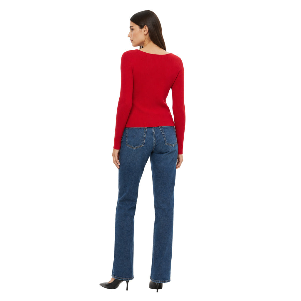 Pinko – red long-sleeve sweater with square neckline – back view worn with jeans