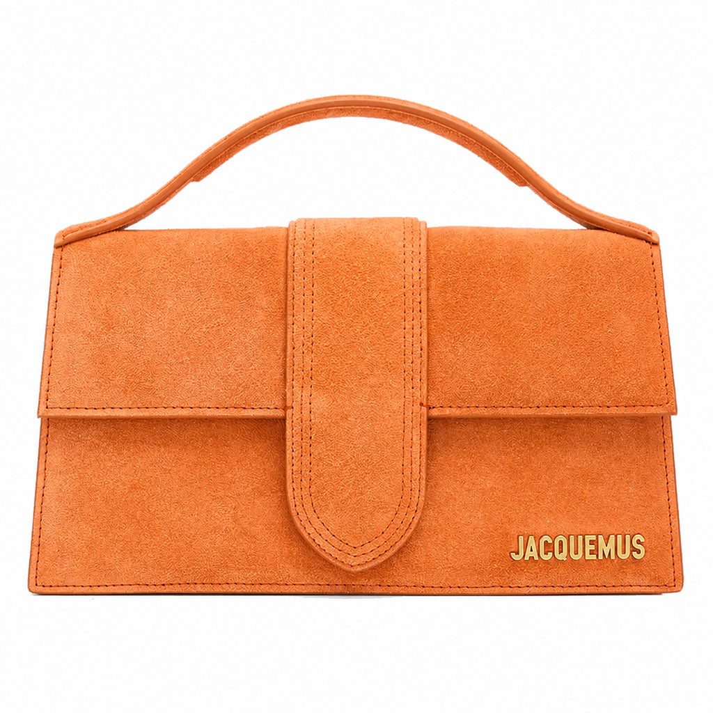 Jacquemus – Le Grand Bambino orange suede bag – front view with top handle