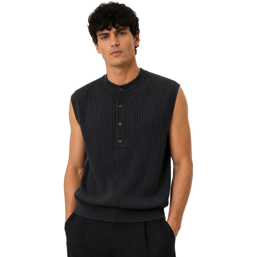 Dolce & Gabbana – blue ribbed sleeveless vest with buttons – front view worn by model
