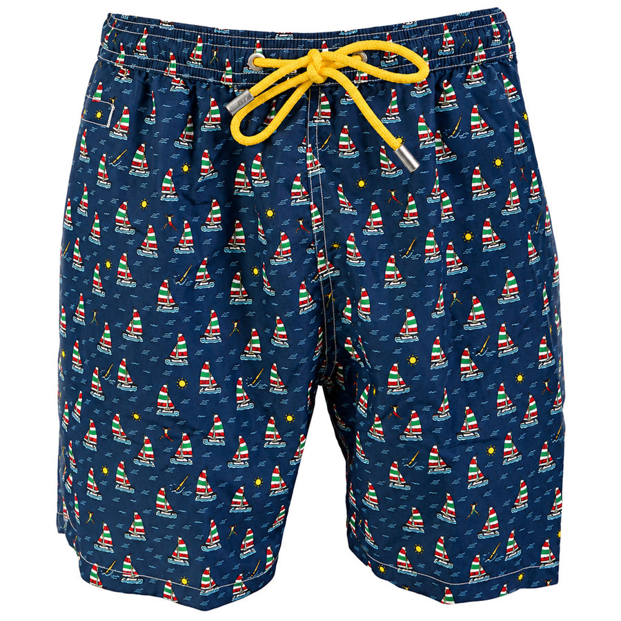 Mc2 Saint Barth – blue sailboat-print swim trunks – front view with yellow drawstring