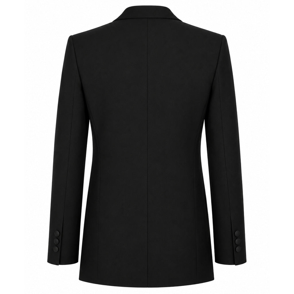Balmain – black formal jacket with white peak lapels – rear packshot showing centre seam