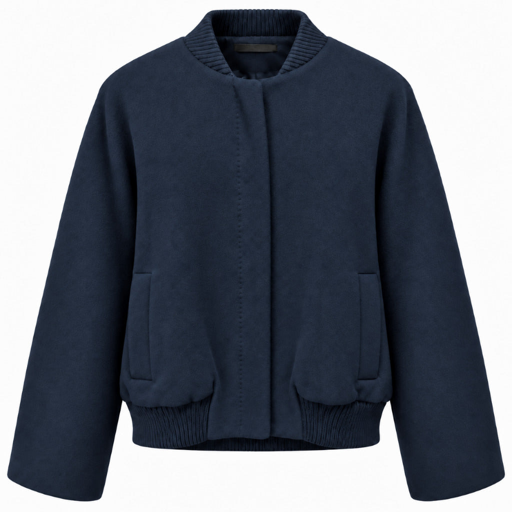 Loro Piana Tessuto – Capolavoro Bomber Jacket in Virgin Wool – Navy front packshot with ribbed collar