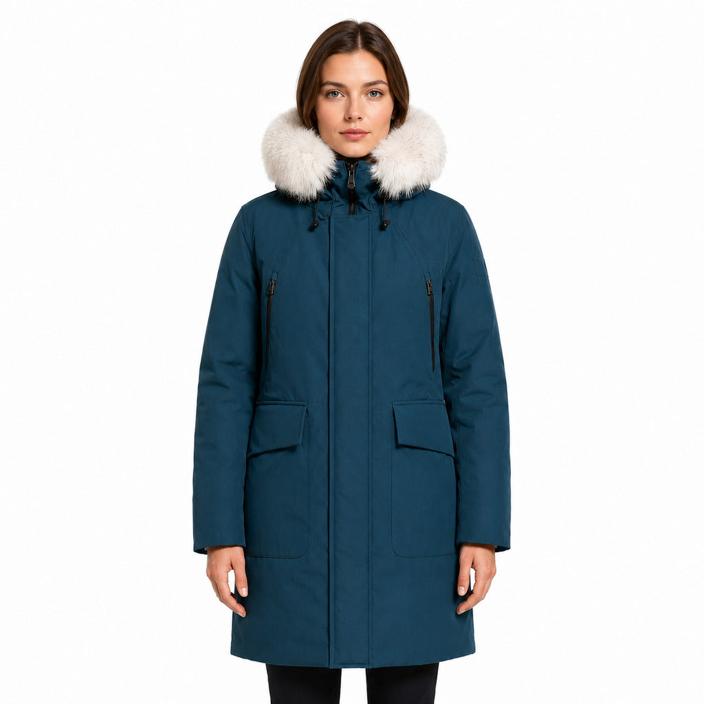 Peuterey – blue hooded down jacket with white fur trim – worn from front