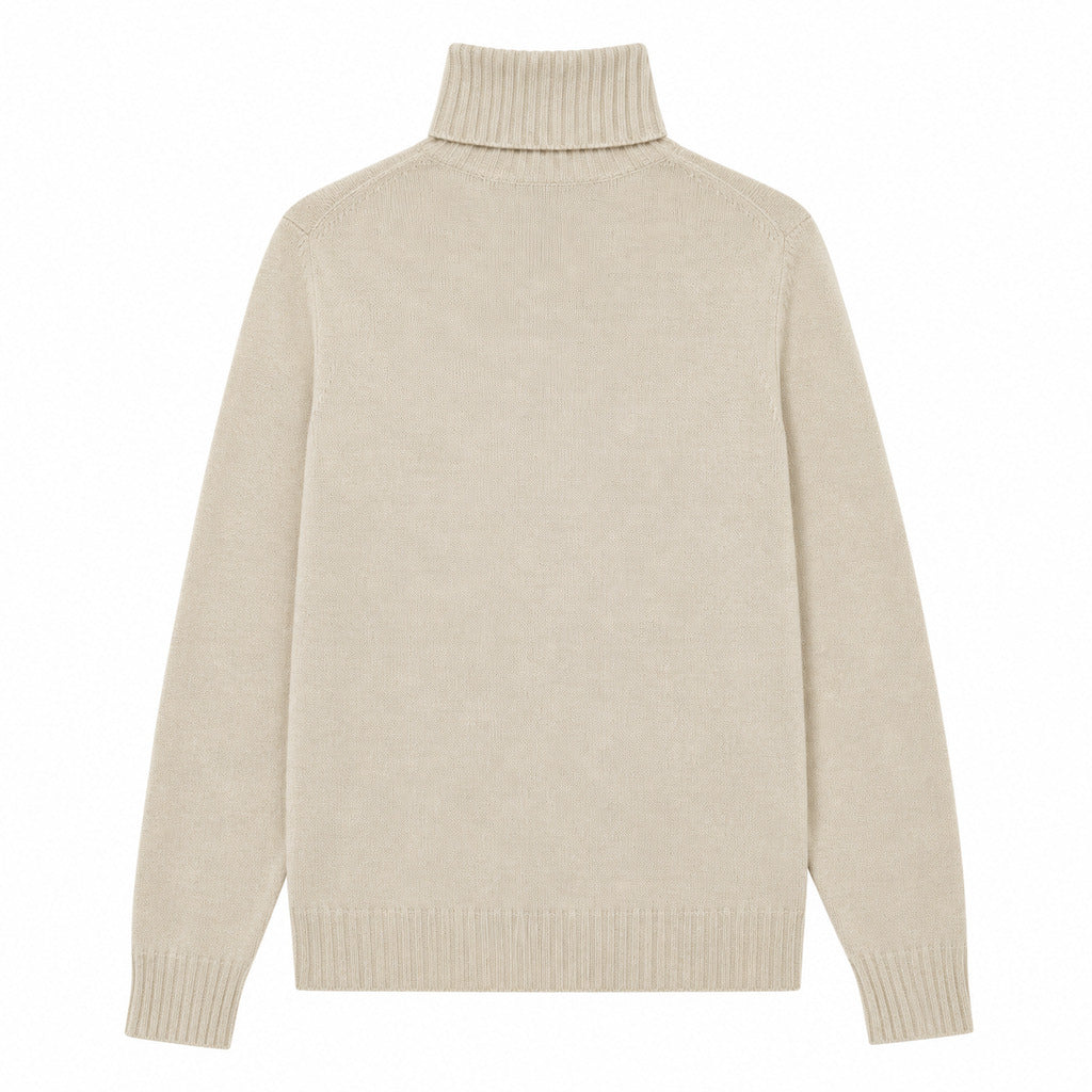 Alpha Studio – beige merino wool roll-neck sweater – flat back view with ribbed cuffs