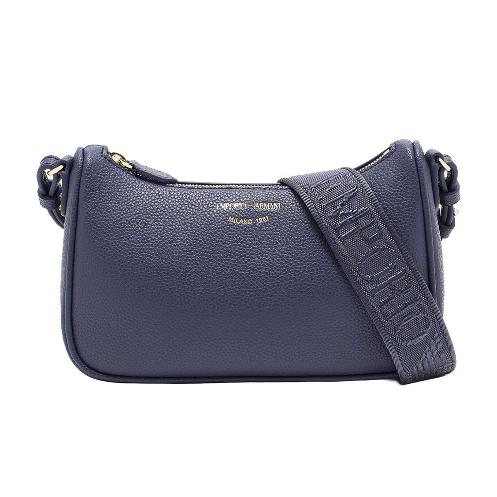 Emporio Armani – purple faux leather mini baguette shoulder bag – front view with logo and wide strap