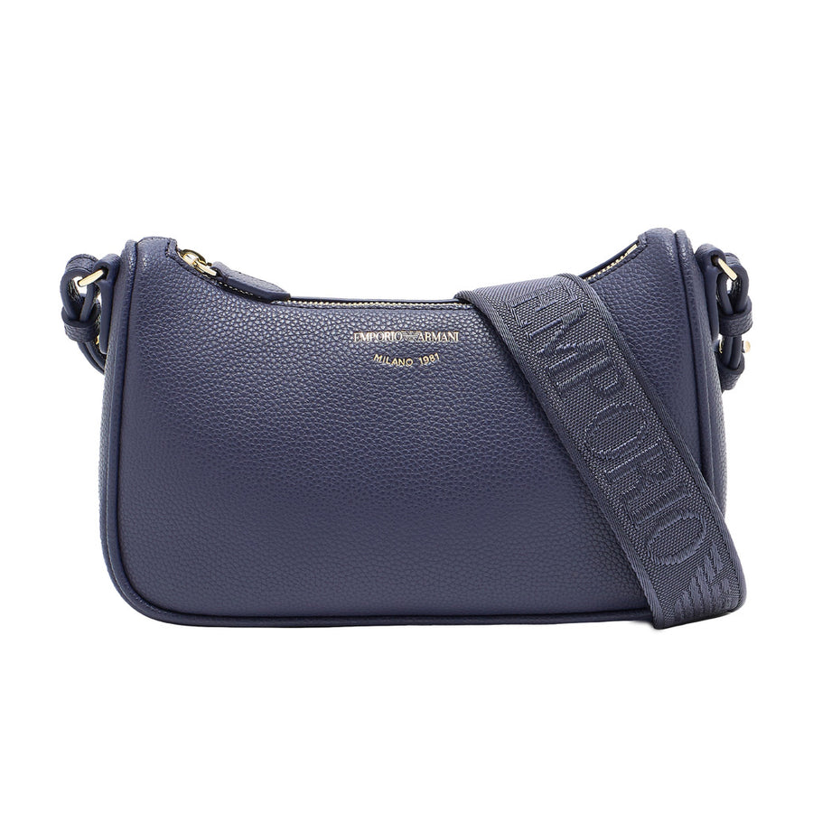 Emporio Armani – purple faux leather mini baguette shoulder bag – front view with logo and wide strap
