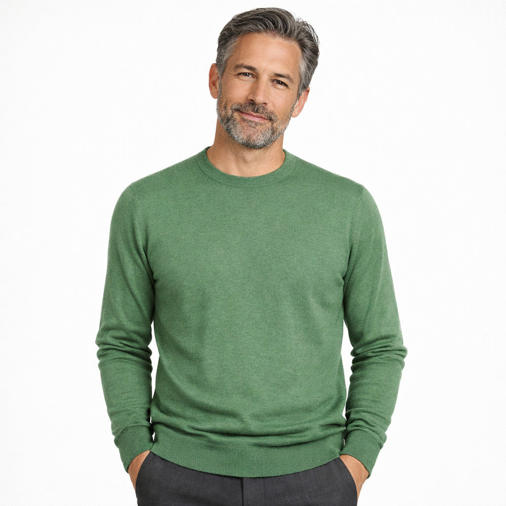 Emilio Romanelli – green cashmere crewneck sweater – front view worn with hands in pockets