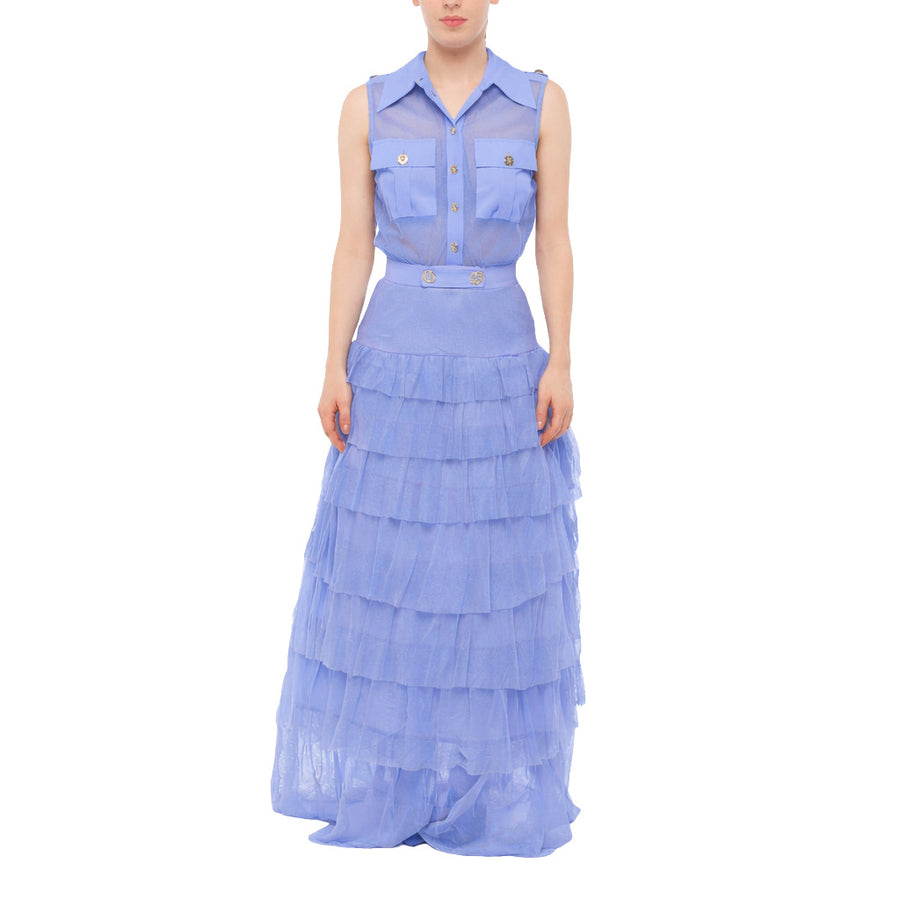 Elisabetta Franchi – RED CARPET light blue tiered dress – front view on model