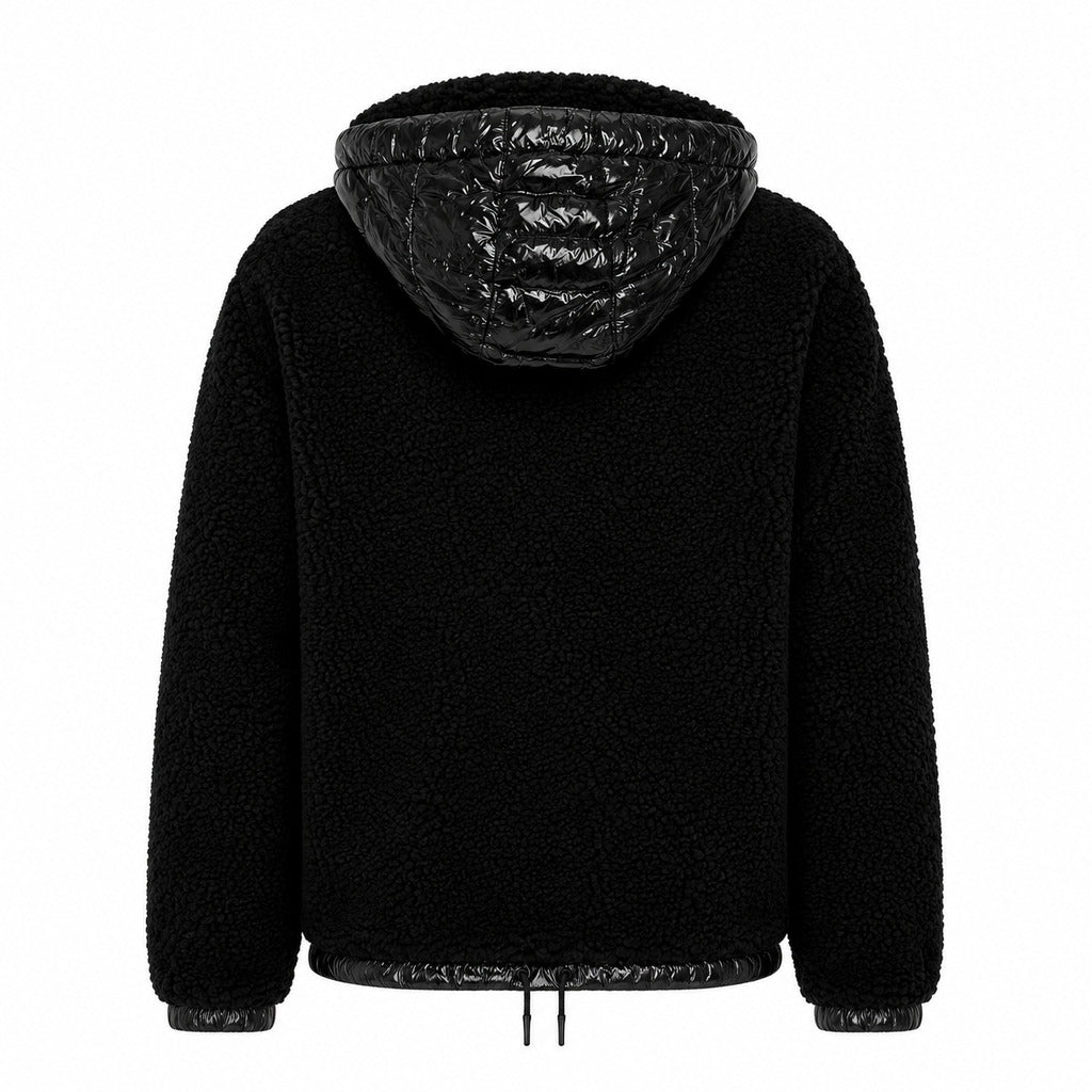 Moose Knuckles – black sherpa jacket with hood – back flat lay