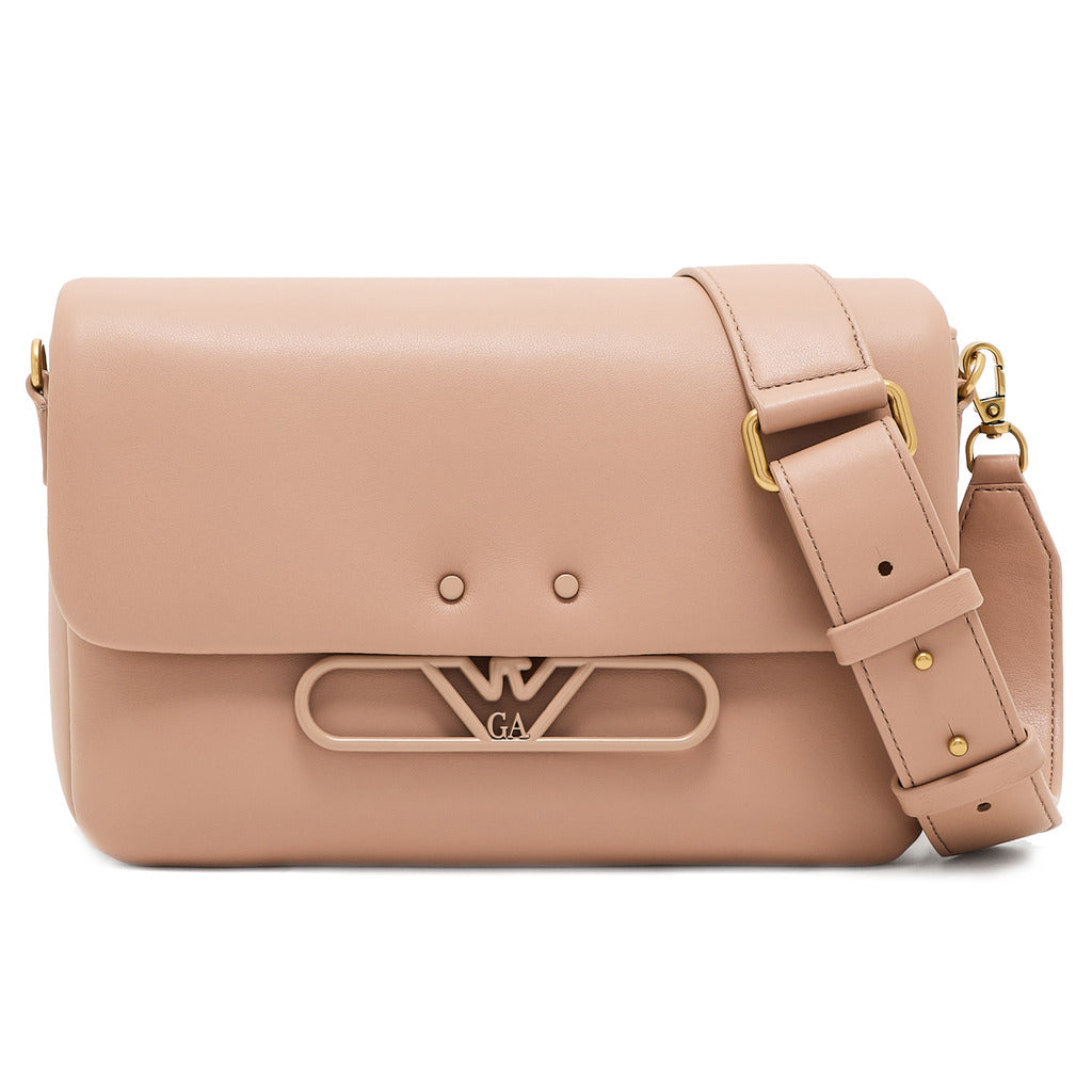 Emporio Armani – soft calfskin shoulder bag in beige – front view with shoulder strap