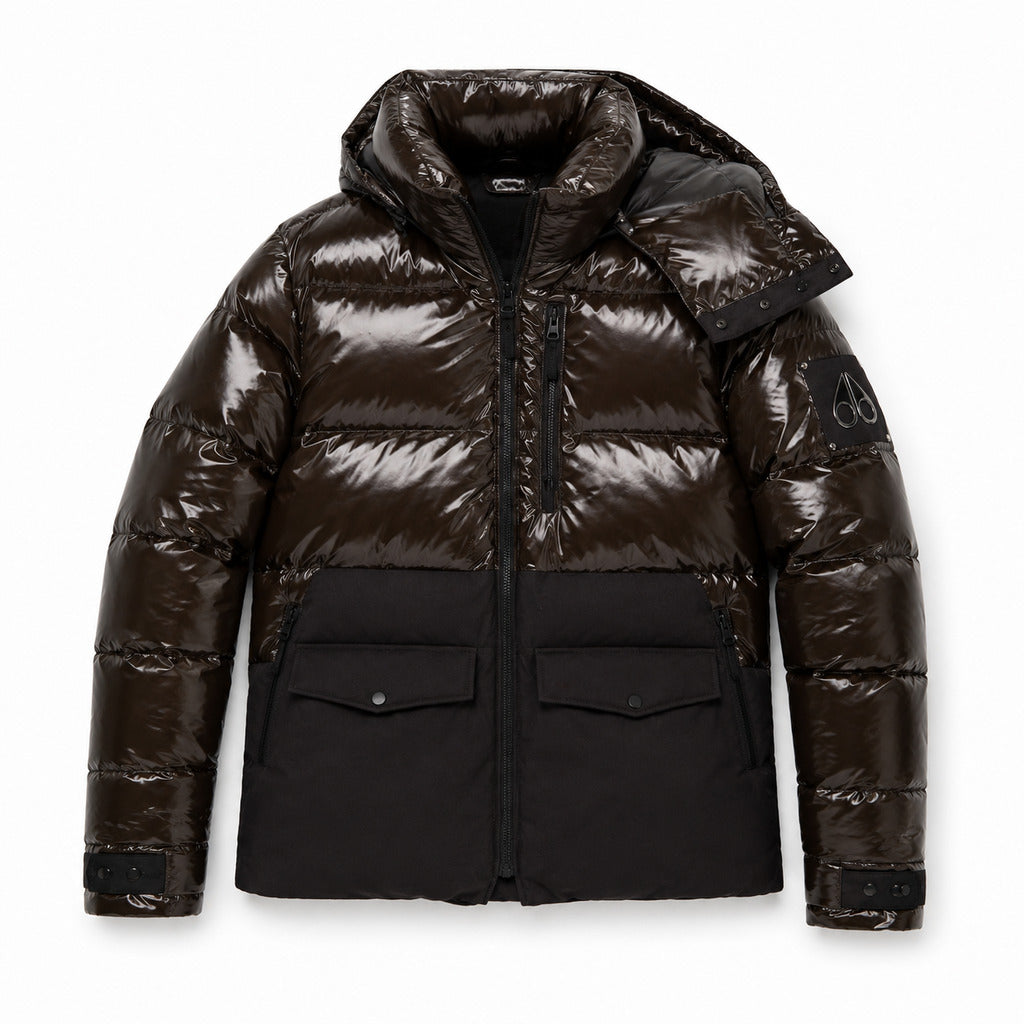 Moose Knuckles – glossy brown padded hooded jacket – front flat view with flap pockets