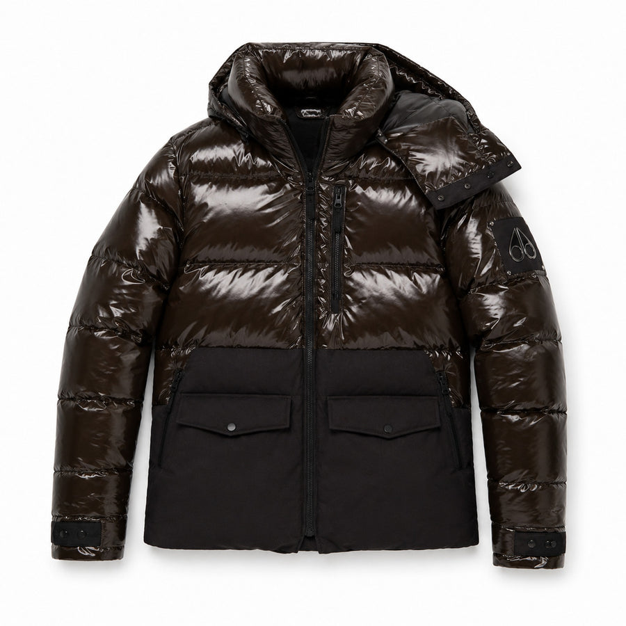 Moose Knuckles – glossy brown padded hooded jacket – front flat view with flap pockets
