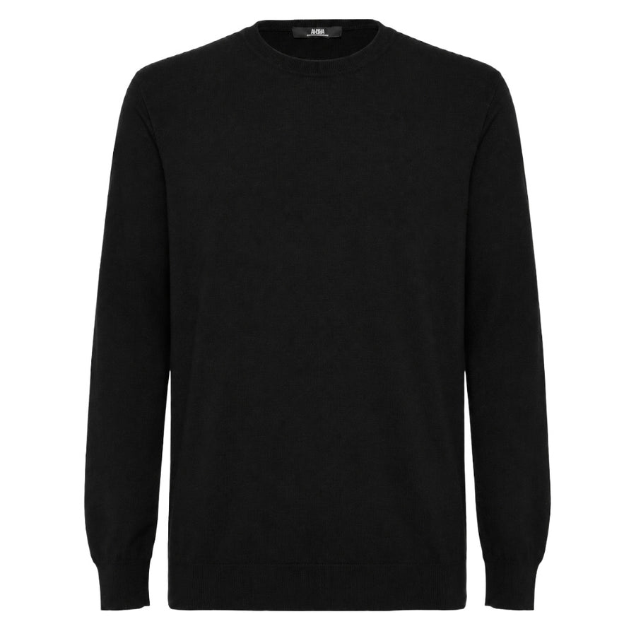 Alpha Studio – merino crew-neck sweater in black – front flat-lay with neck label visible