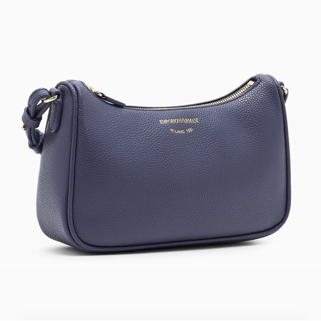Emporio Armani – purple faux leather mini baguette shoulder bag – angled front view with gold zip