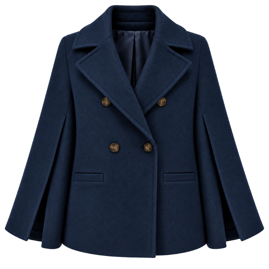 Loro Piana Tessuto – Kimono-Style Double-Breasted Peacoat in Blue – front flat lay with brown buttons
