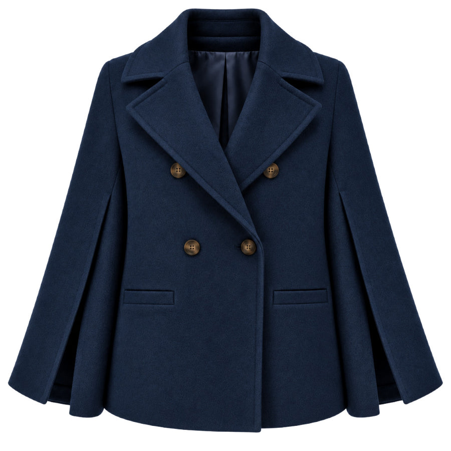 Loro Piana Tessuto – Kimono-Style Double-Breasted Peacoat in Blue – front flat lay with brown buttons