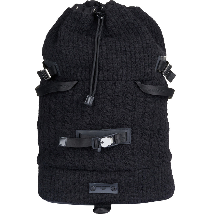 Dolce & Gabbana – black knit-texture backpack – front view with buckle straps and drawstring