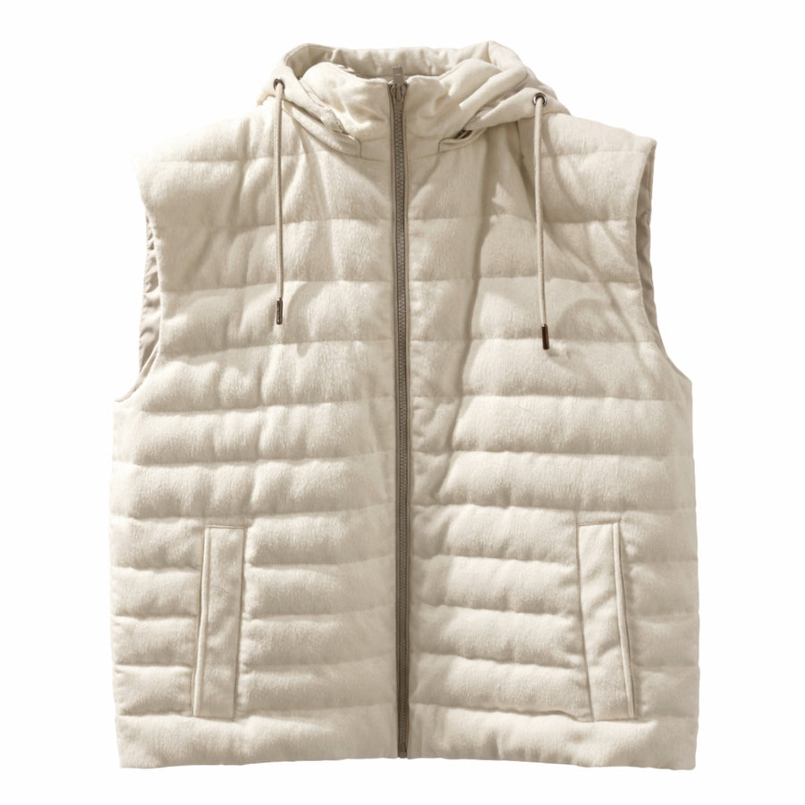 Herno – white quilted hooded vest – flat front view with zip, drawstrings and pockets