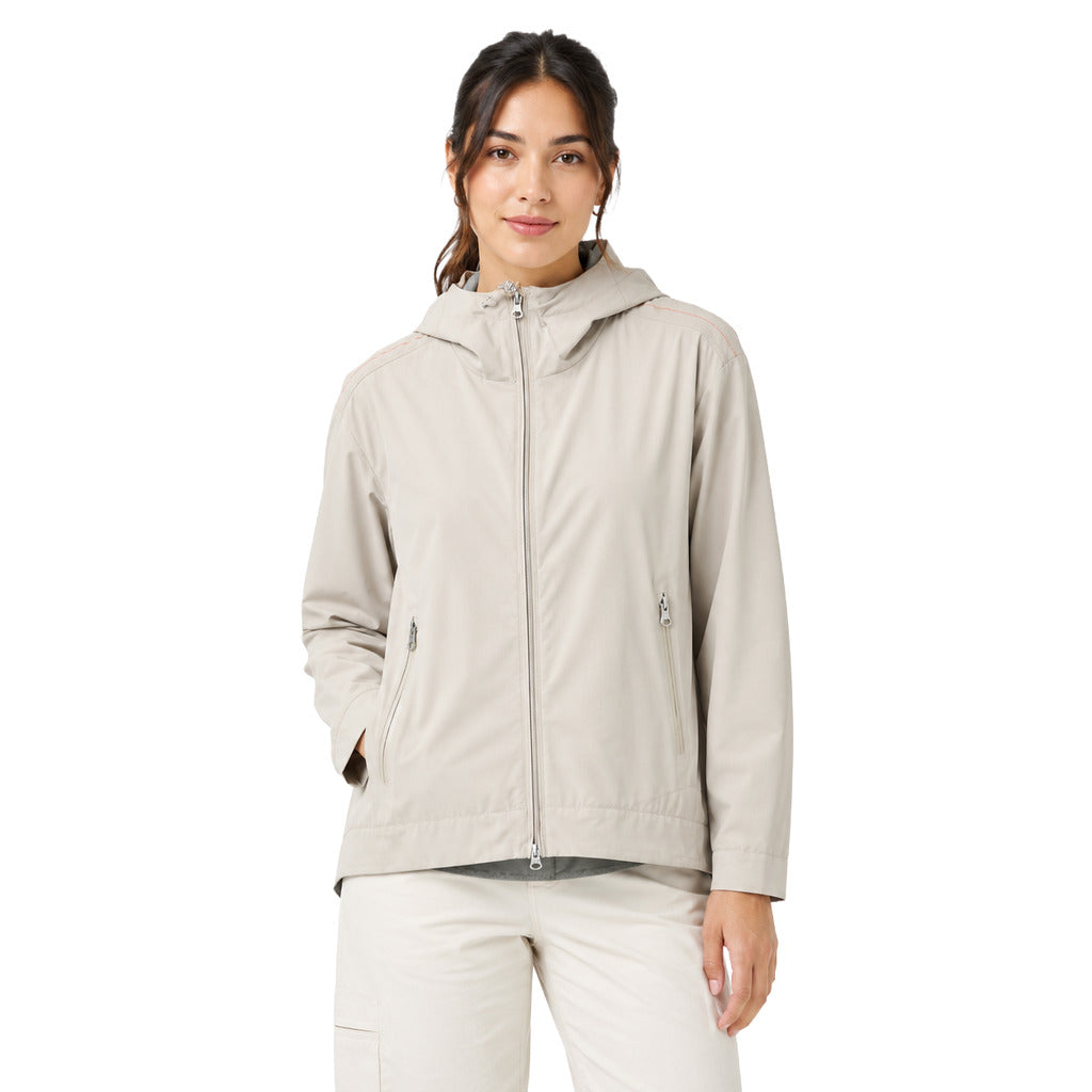 Parajumpers – Sebiana beige technical fabric jacket – Front view with hood and zip pockets