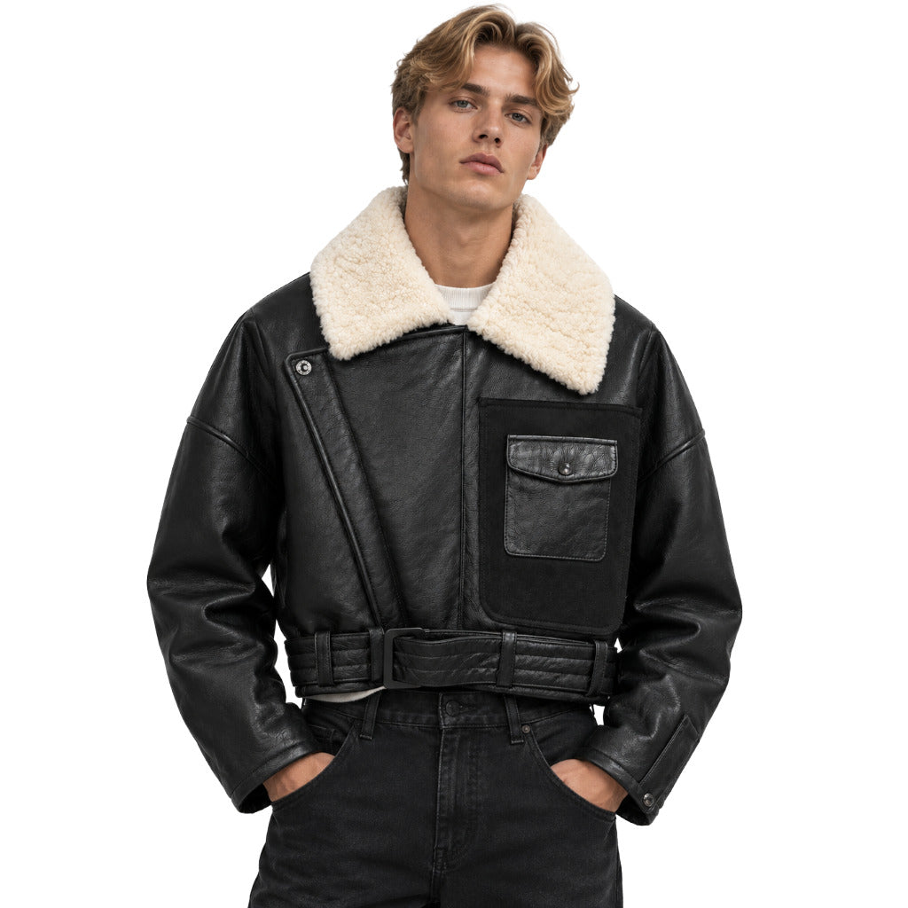 Dolce & Gabbana – black lambskin shearling jacket – front view worn by model