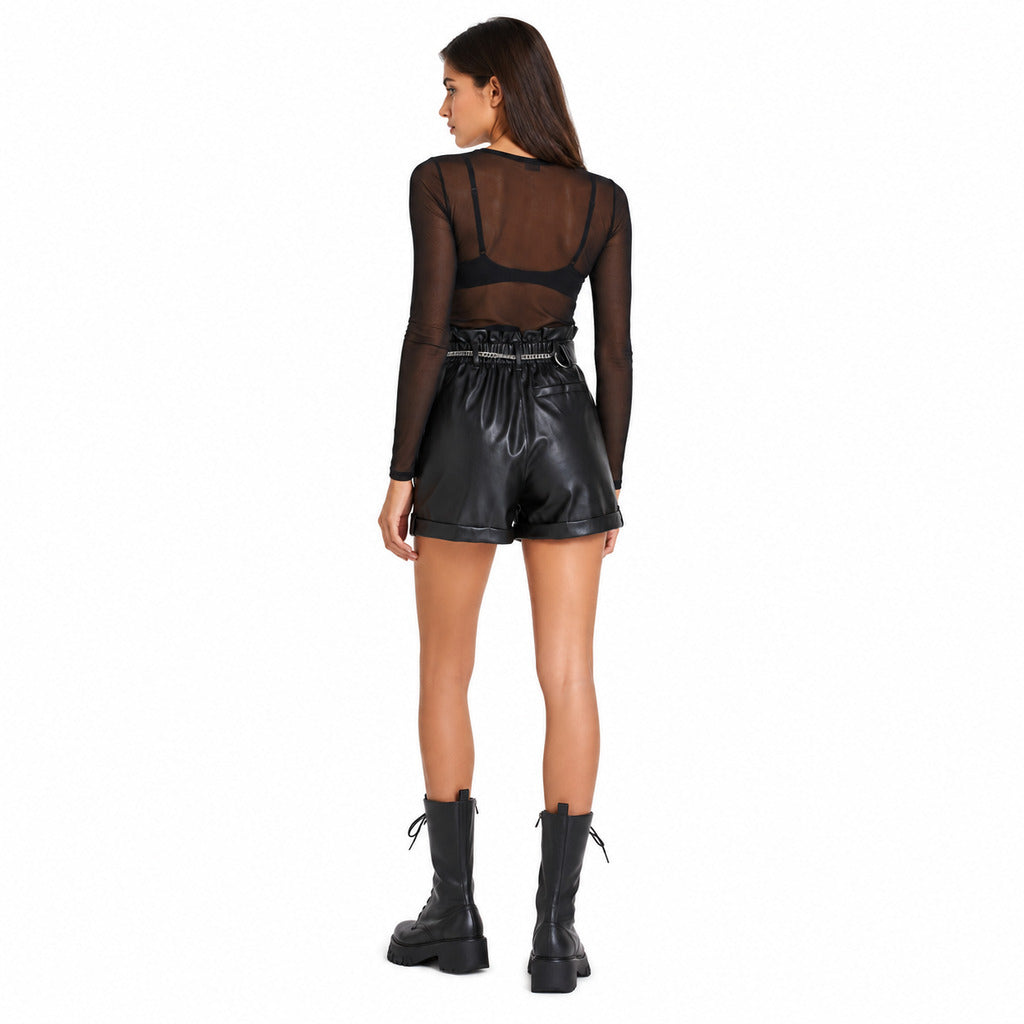 Patrizia Pepe – black leather shorts – rear view worn by model