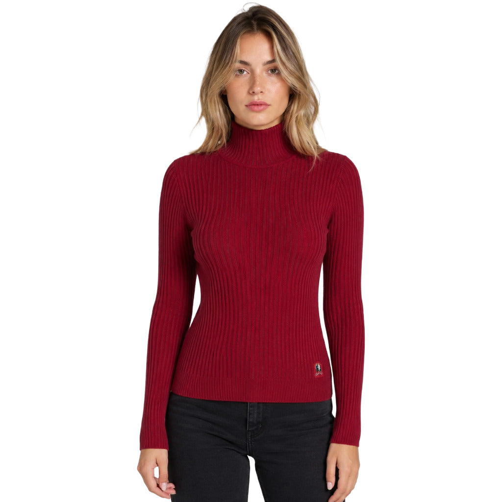 Parajumpers – Lotus red ribbed turtleneck sweater – worn by model, front view