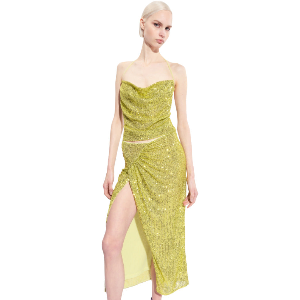 Pinko – green sequin skirt – worn by model, front view with high side slit
