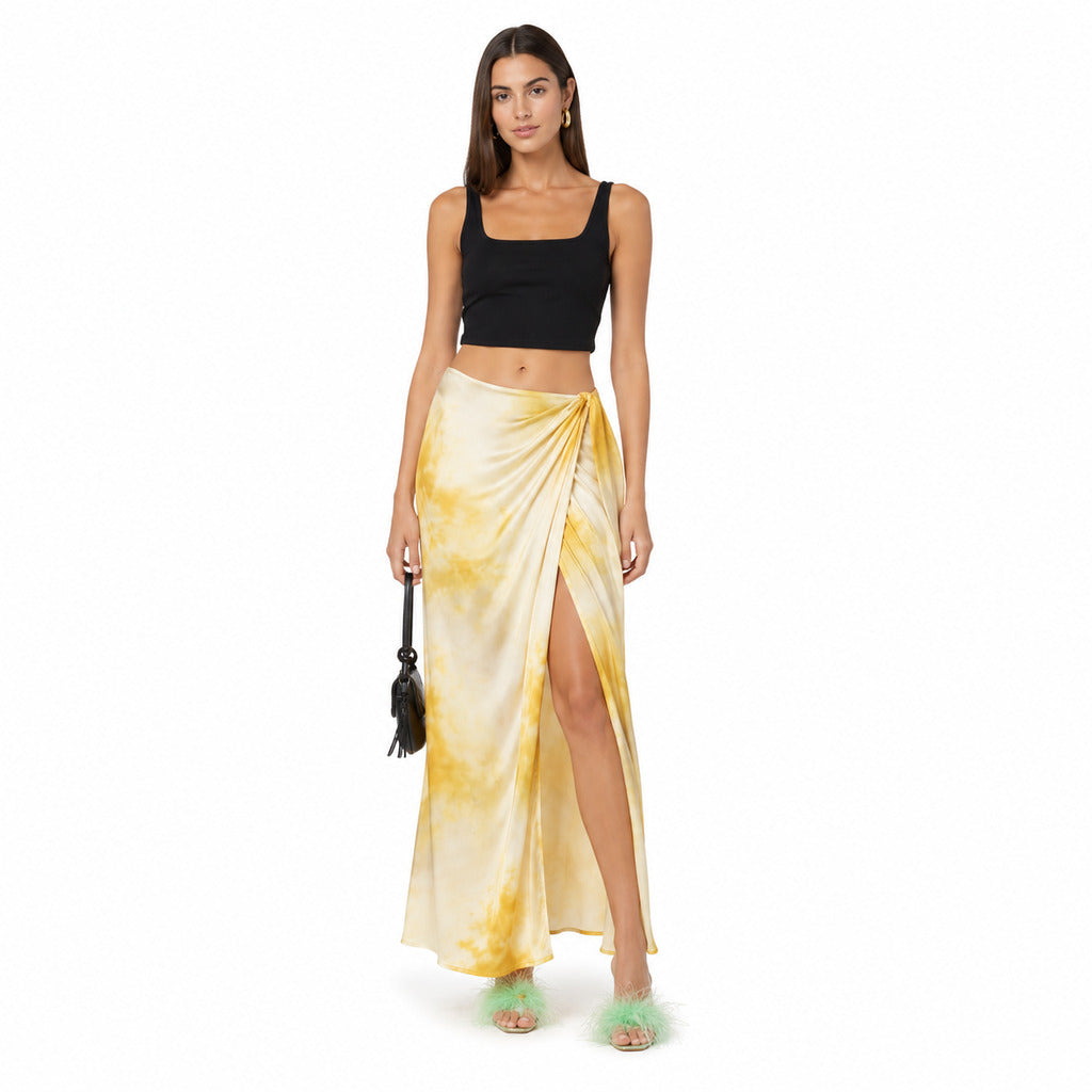 Pinko – Carasina yellow maxi skirt – front view with gathered tie and high slit