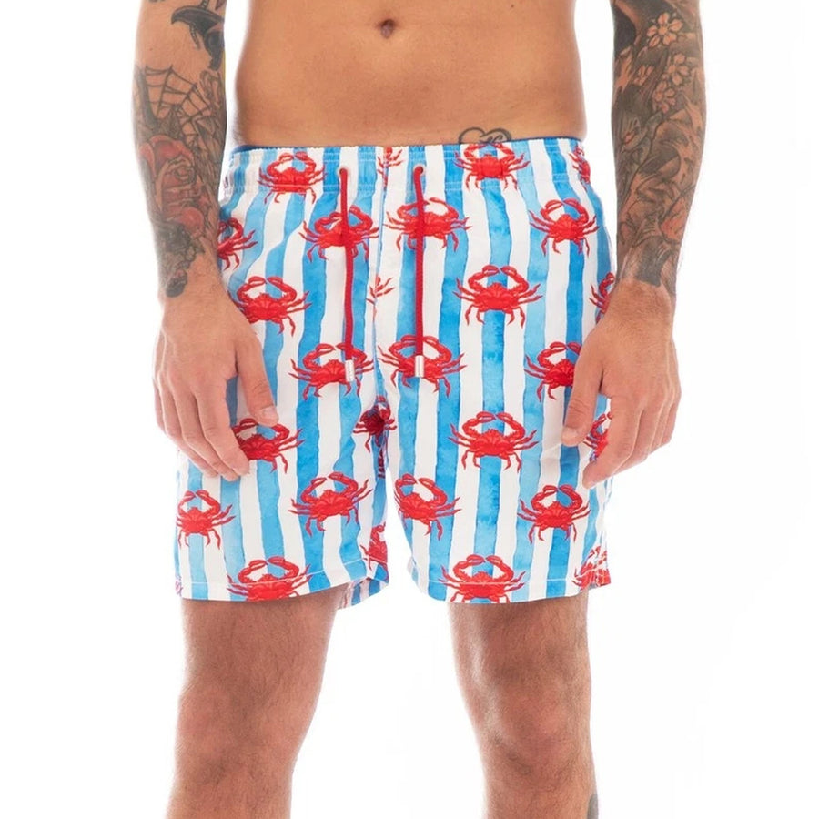 Mc2 Saint Barth – blue-and-white striped crab-print swim shorts – front view worn