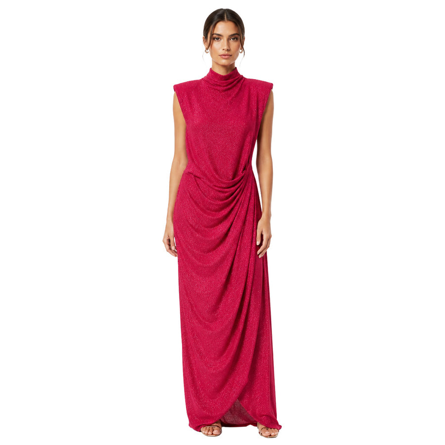 Pinko – fuchsia sleeveless draped maxi dress with high neck – full-length front view on model