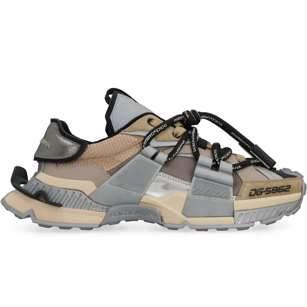 Dolce & Gabbana – grey fabric low-top sneakers – side view, black laces and chunky grey soles